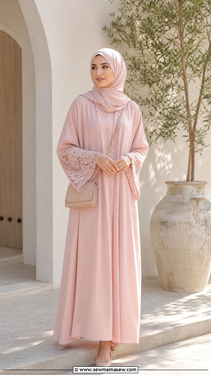 Soft pastel abaya with lace detail - 30 Modest outfit ideas for Eid