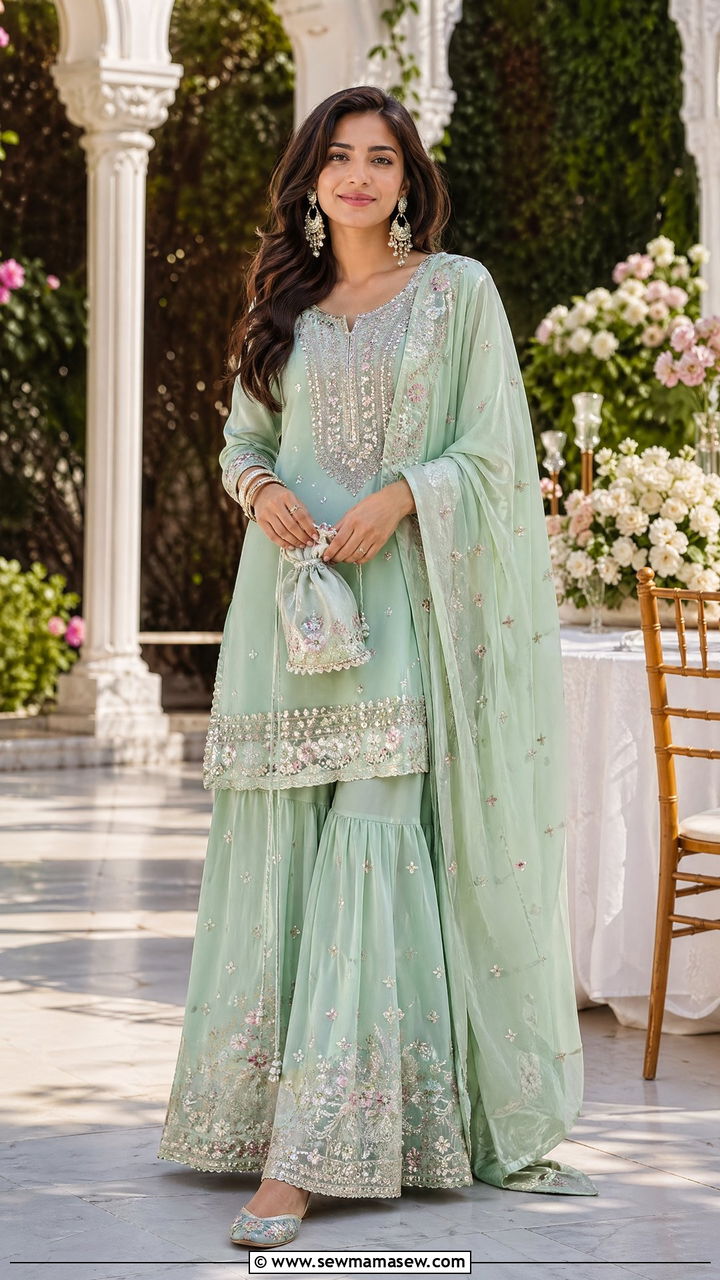 Soft pastel sharara set with short kurta - 35 Eid outfit ideas modest