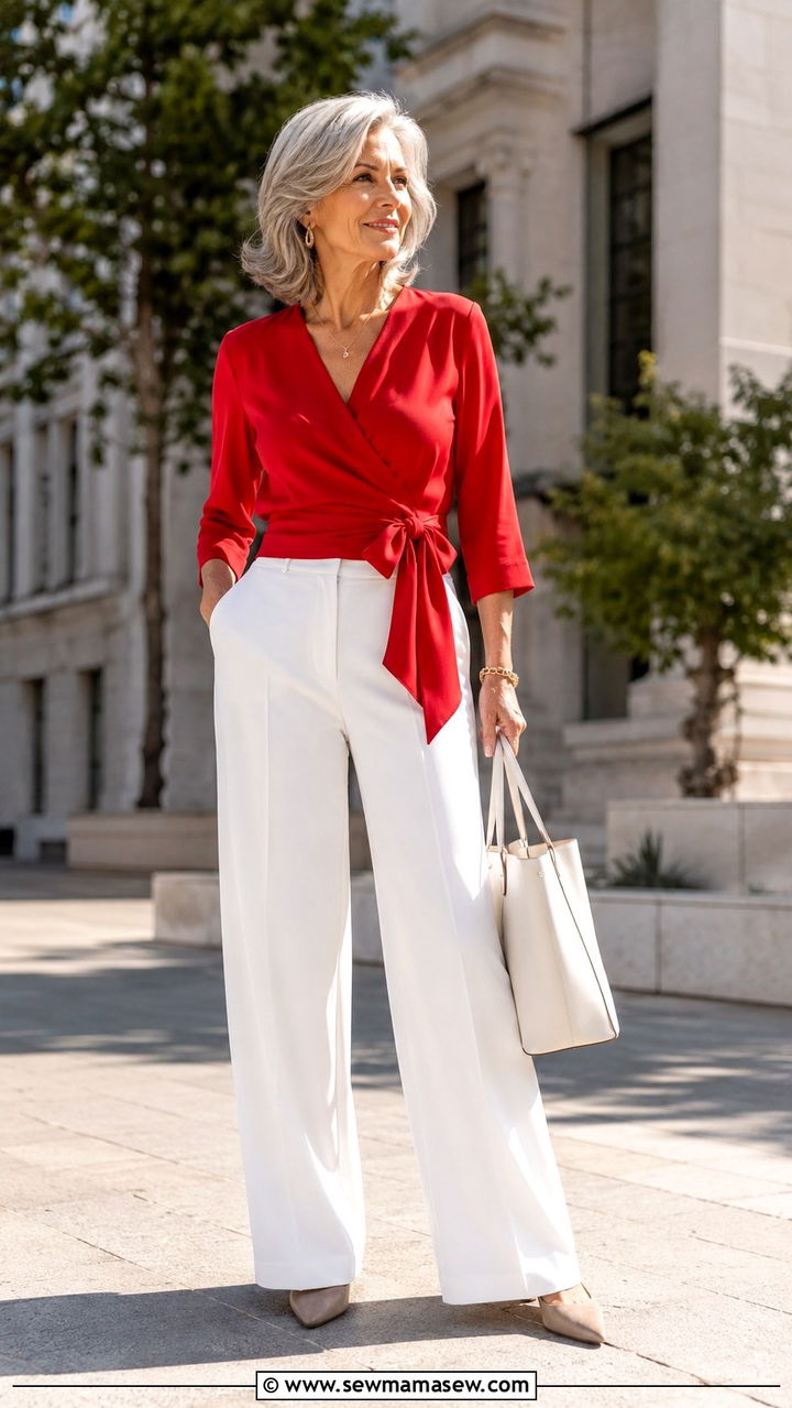 Soft pink blazer with knit top and navy trousers - 20 Work outfit ideas for women over 50 2026