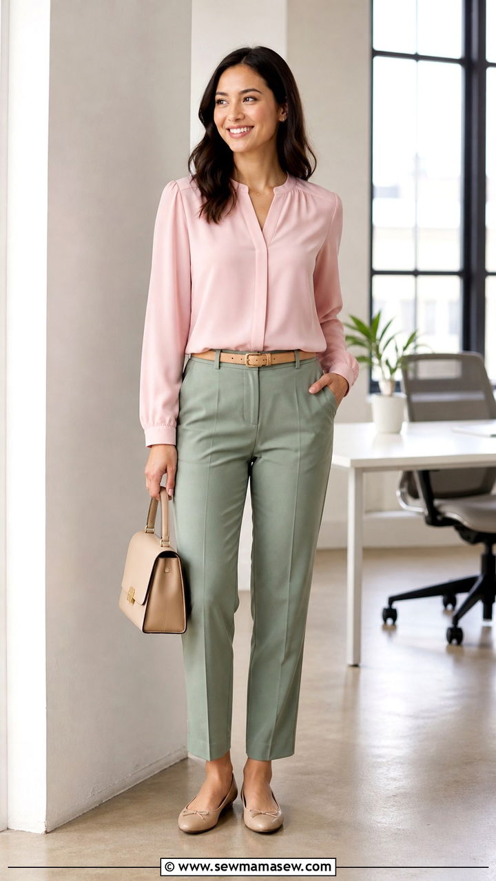 Soft pink blouse with sage green tailored trousers - 40 Chic work outfit ideas