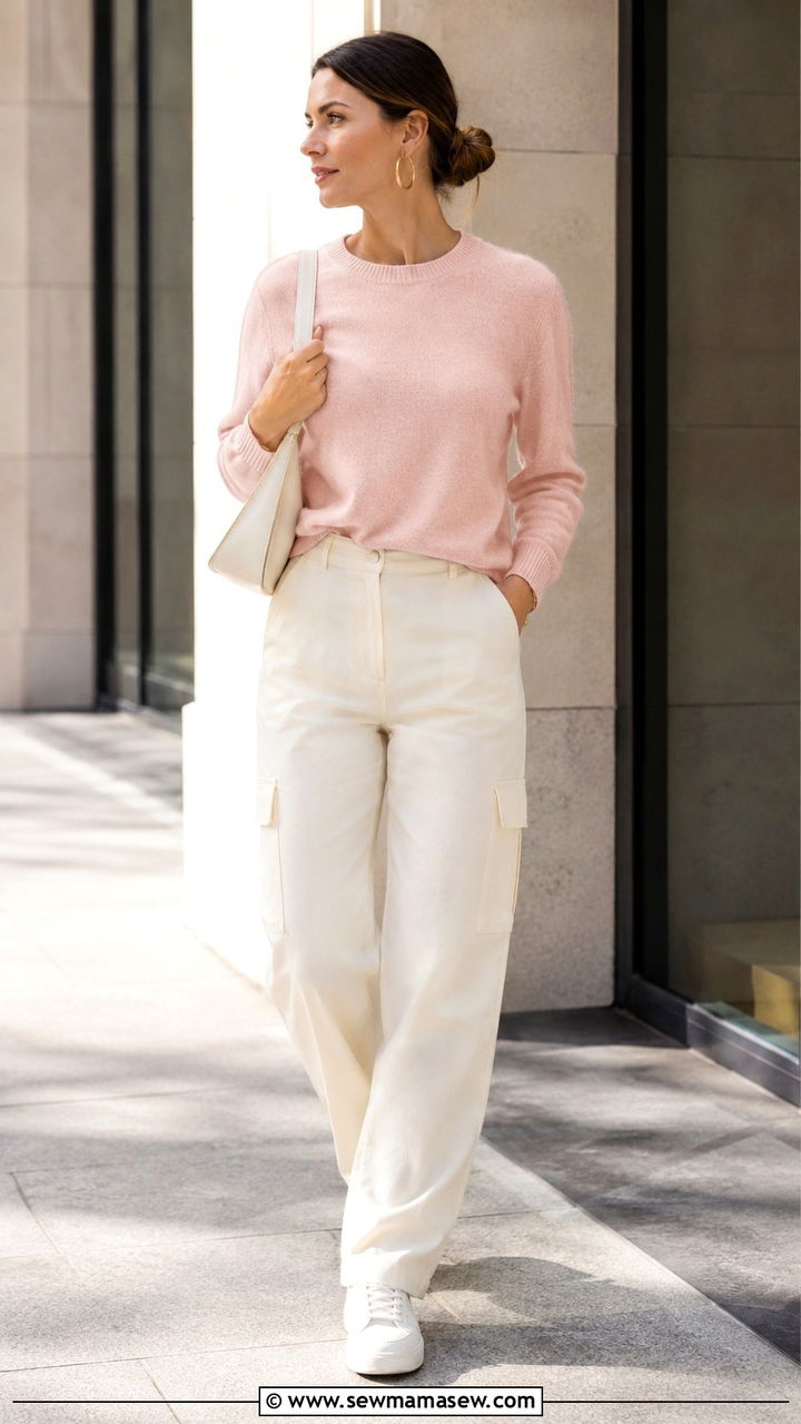 Soft pink cashmere crewneck with cream cargo trousers - 20 Quiet luxury Loro Piana dupes outfit ideas