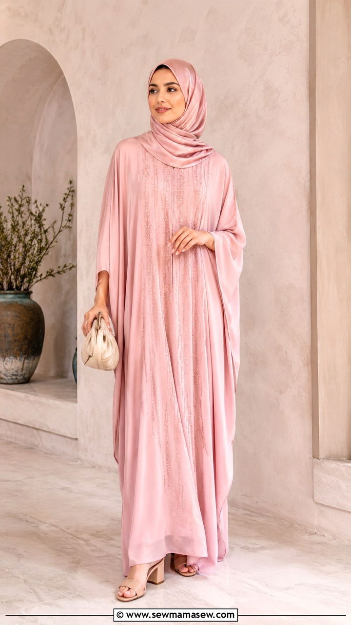 Soft pink kaftan with heels - 30 Modest outfit ideas for Ramadan