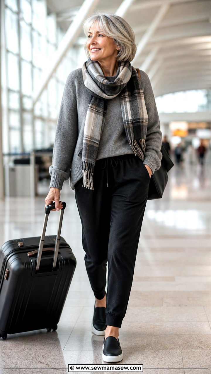 Soft pullover sweater with elastic waist pants and travel scarf - 20 Airport outfit ideas for women over 60
