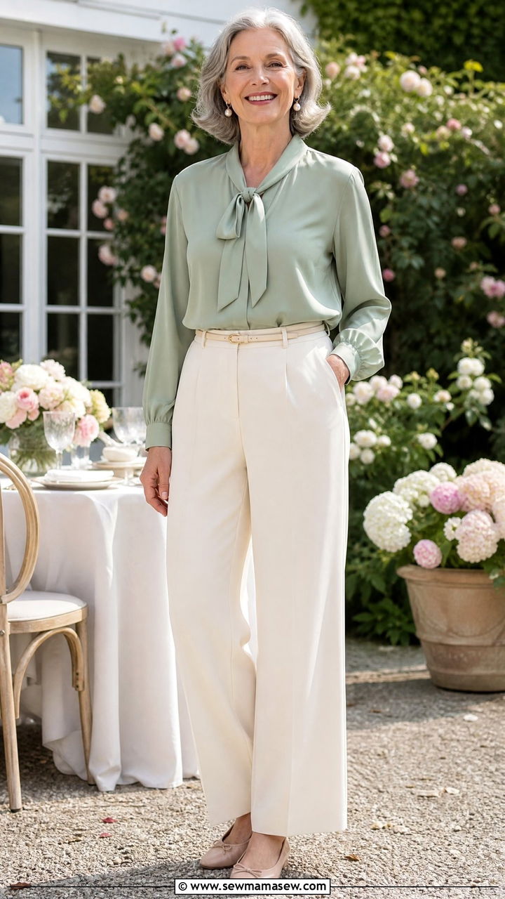 Soft sage blouse with cream wide leg trousers - 30 Chic outfits for women over 60