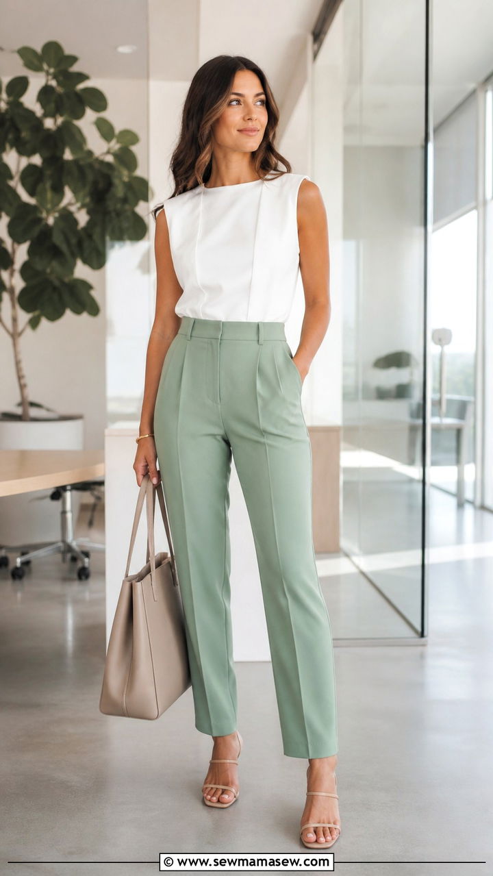 Soft sage trousers with a structured white top - 40 Chic work outfit ideas