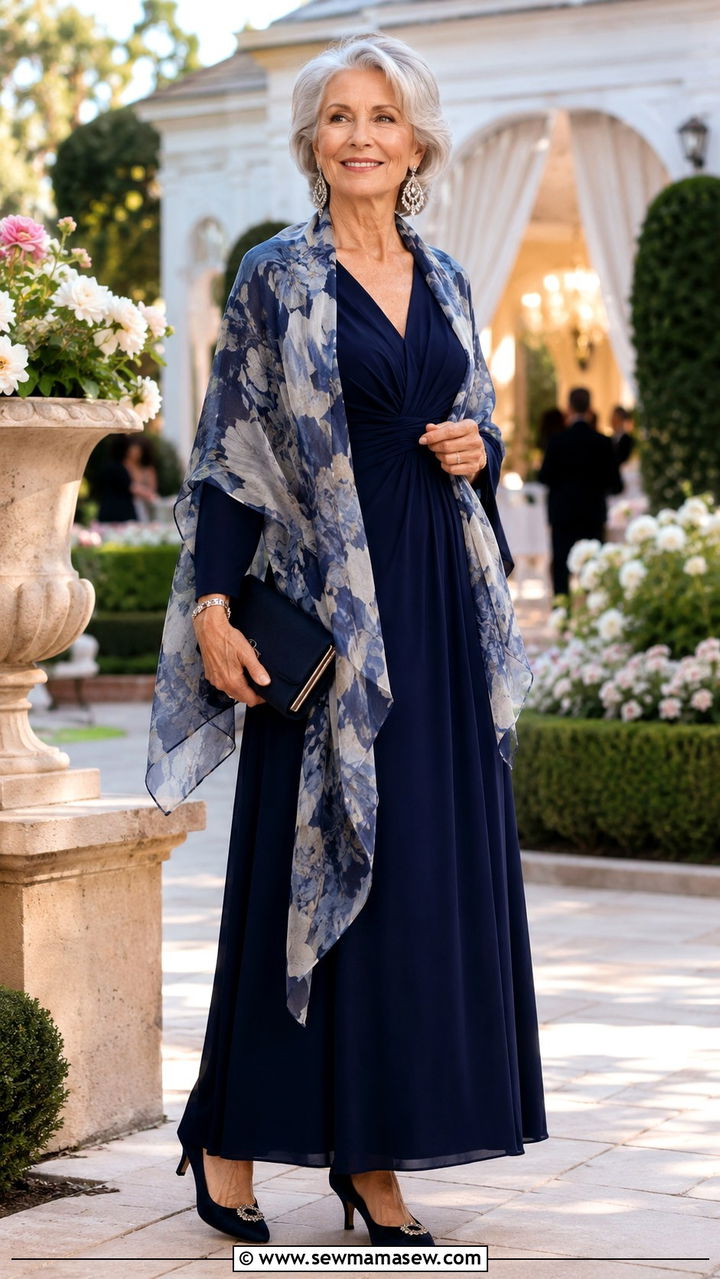 Soft shawl over a long sleeve maxi dress - 25 Modest outfits for women over 60