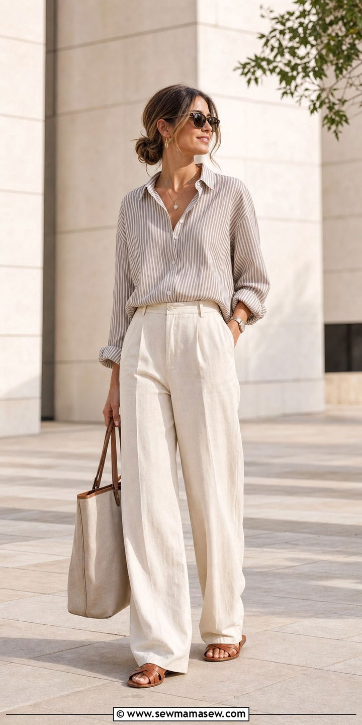 Soft stripe button down with cream trousers outfit - 25 spring outfits 2026 women Pinterest