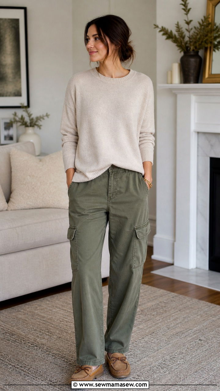 Soft utility cargo pants with lightweight cashmere crewneck - 20 4th trimester outfit ideas