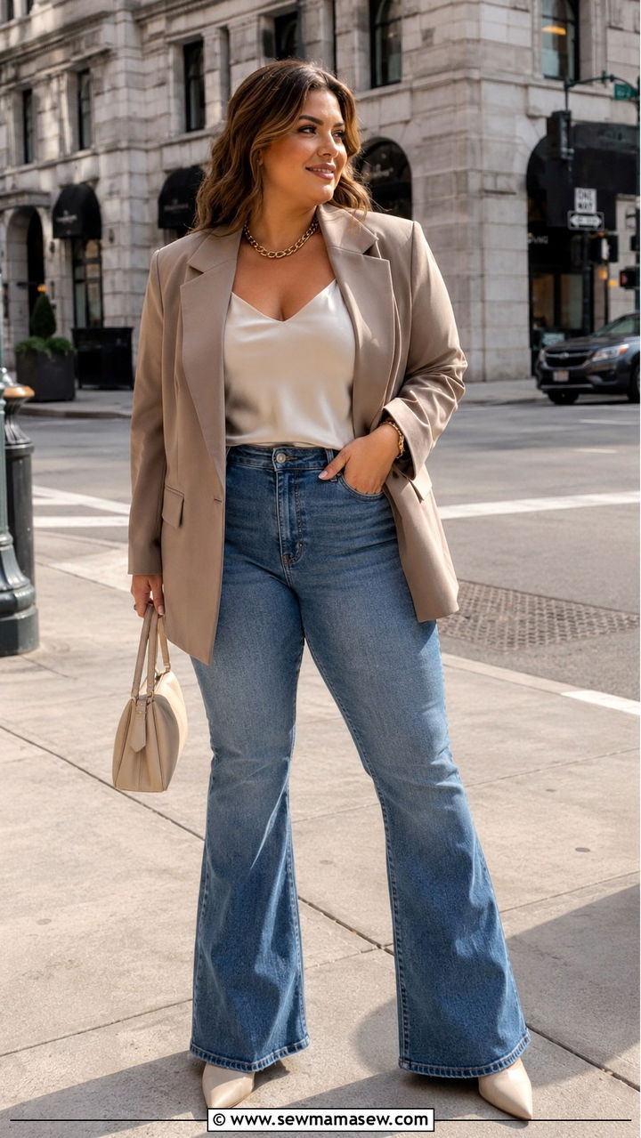 Softly Structured Blazer Over V Neck Camisole With Flare Jeans - 25 Outfit ideas for curvy upper body