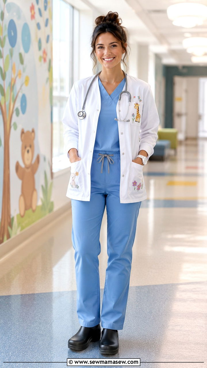 Solid Ceil Blue Scrub Set With Floral Embroidered Jacket And Dansko Clogs - 25 Pediatric nurse outfit ideas