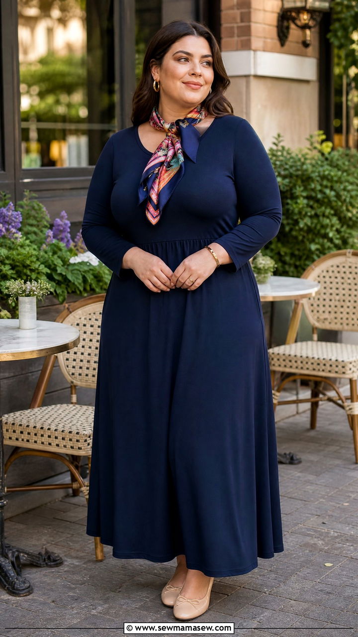 Solid Color Maxi Dress with a Colorful Scarf and Ballet Flats - 25 Maxi dress for plus size outfit ideas