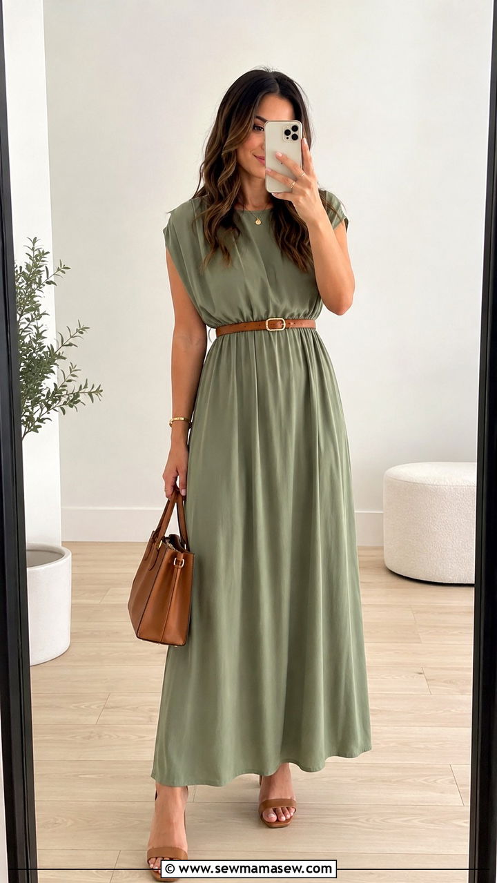 Solid Color Maxi Dress with a Waist Belt - 30 spring maxi dress outfit ideas