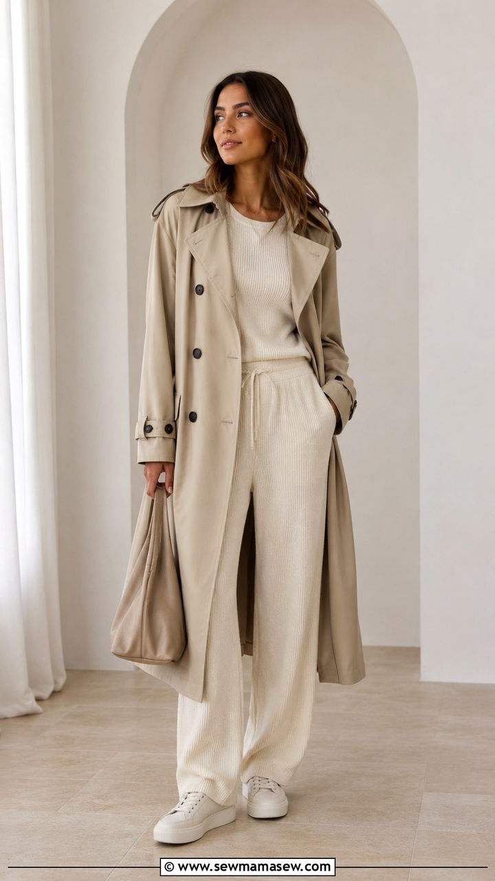 Solid Color Trench Coat Outfit with Matching Knit Set - 30 trench coat outfits inspo