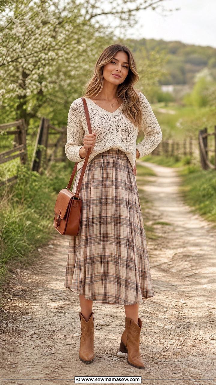 Solid Knit Sweater With Plaid Midi Skirt and Booties - 40 Spring photoshoot outfits