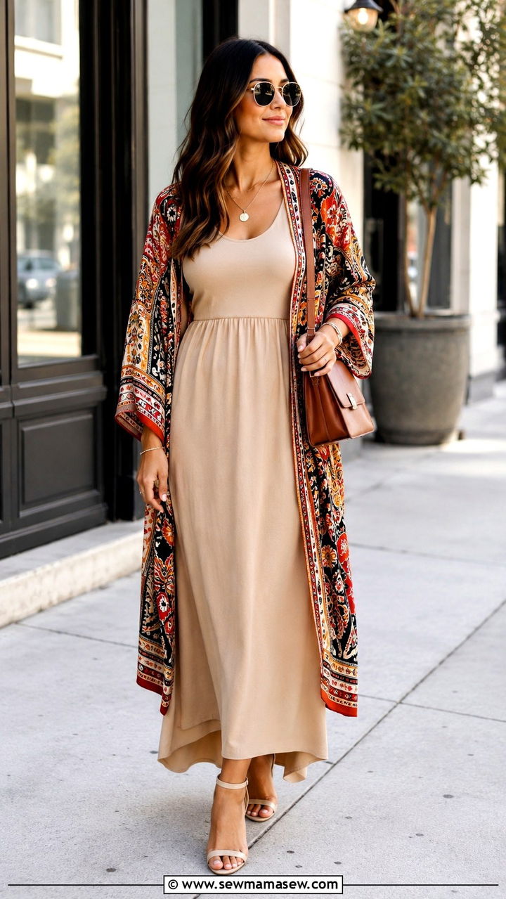 Solid Maxi Dress With Printed Kimono - 30 Maxi dress with a kimono outfit ideas