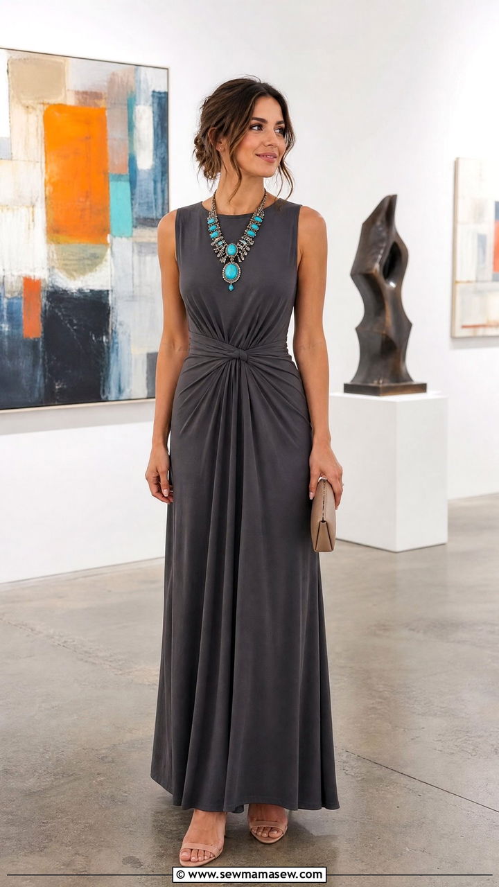 Solid Maxi Dress With Statement Necklace Outfit - 35 maxi dress outfits ideas
