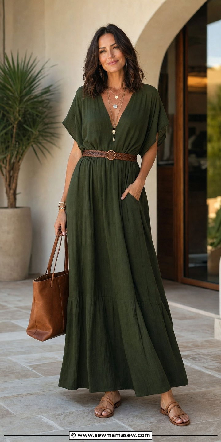 Solid Maxi Dress with Layered Necklaces - 35 boho outfits for women