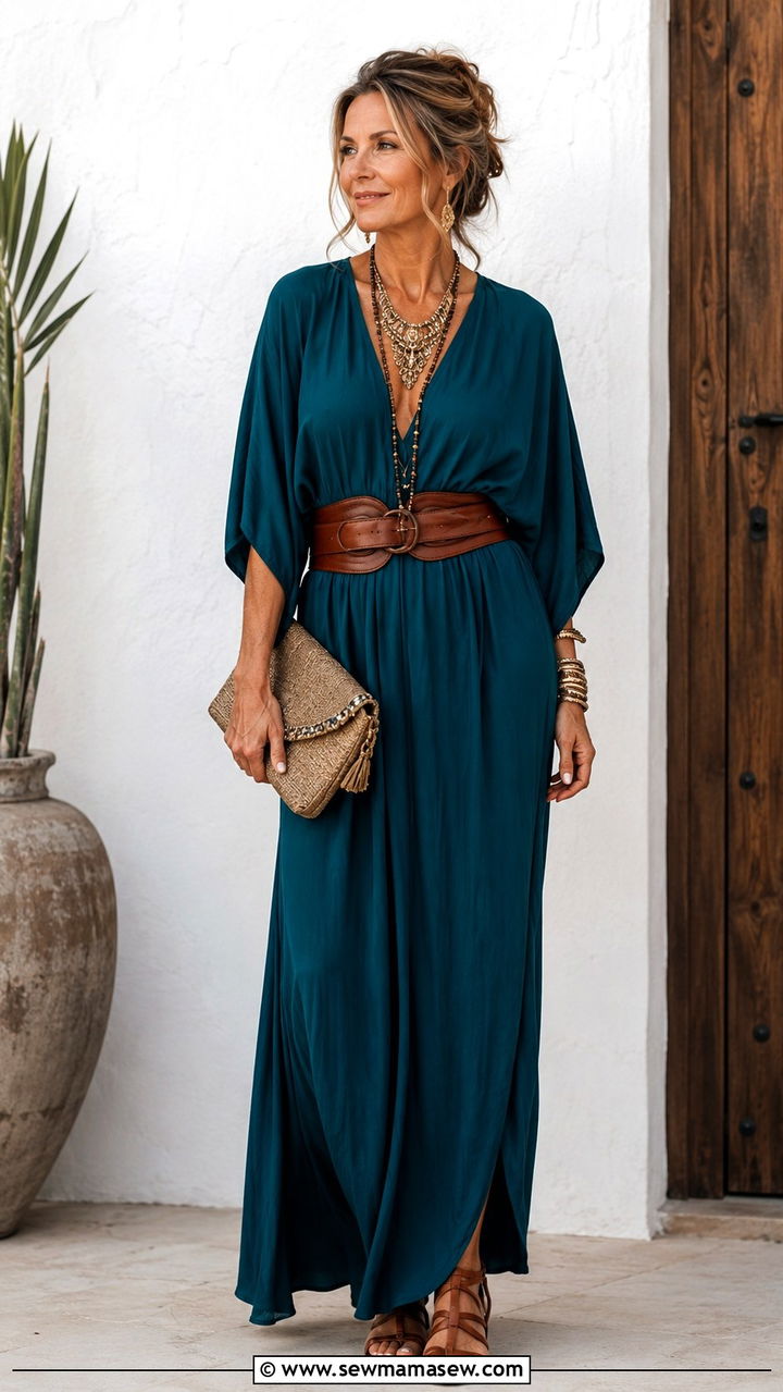 Solid Maxi Dress with a Statement Layered Necklace - 30 boho chic outfit ideas for women over 40