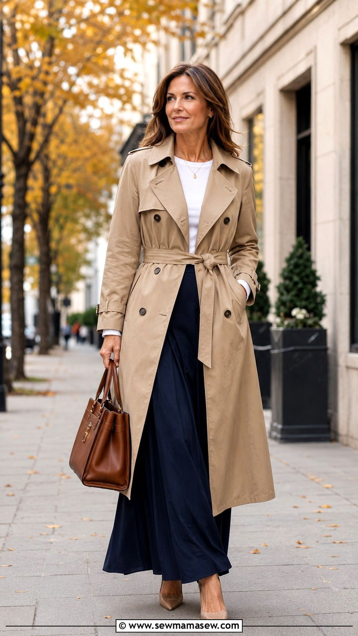 Solid Maxi Skirt Outfit With Trench Coat - 30 maxi skirt outfits for women over 40