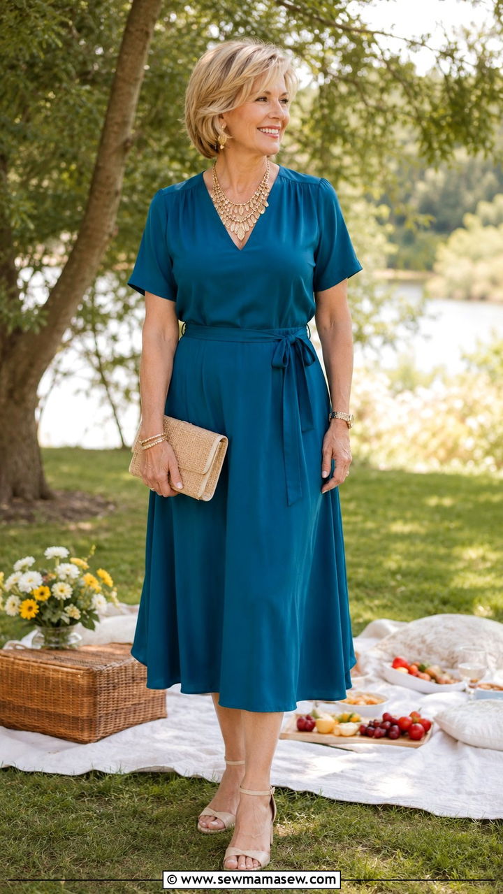 Solid Midi Dress With A Statement Necklace - 30 Picnic outfits for women over 50