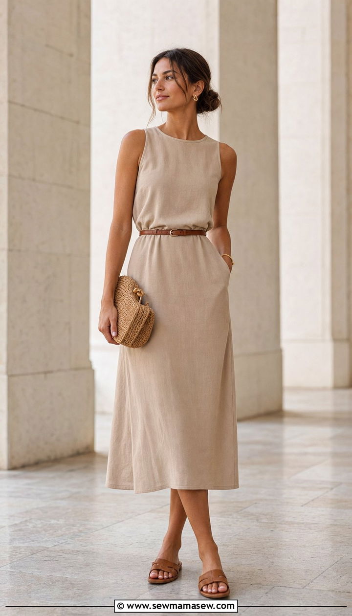 Solid Midi Dress with Belt and Flat Mules - 35 casual midi dress outfits