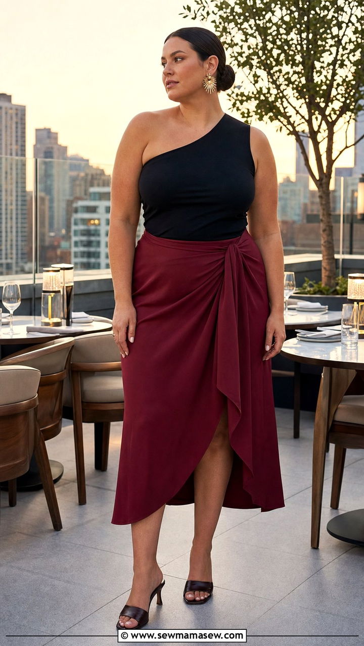 Solid One Shoulder Top with Flowy Faux Wrap Midi Skirt - 25 summer outfits for apple shaped body