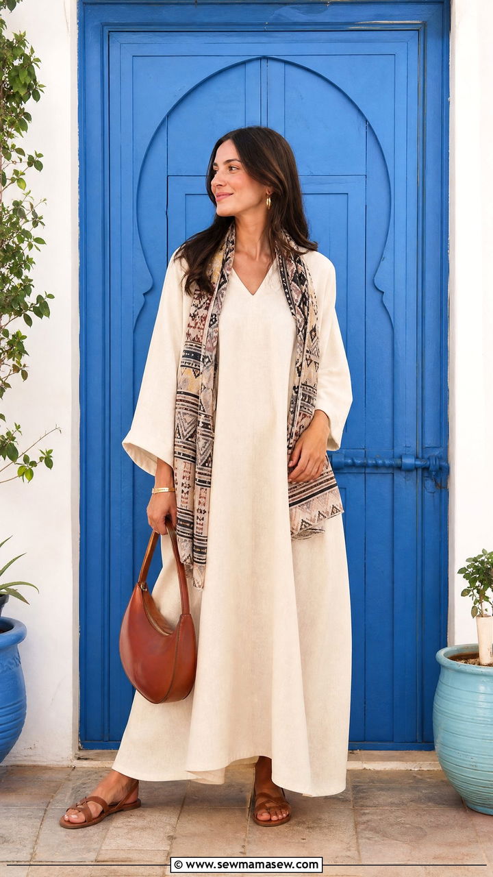 Solid color maxi dress with a lightweight scarf - 25 Fes outfit ideas