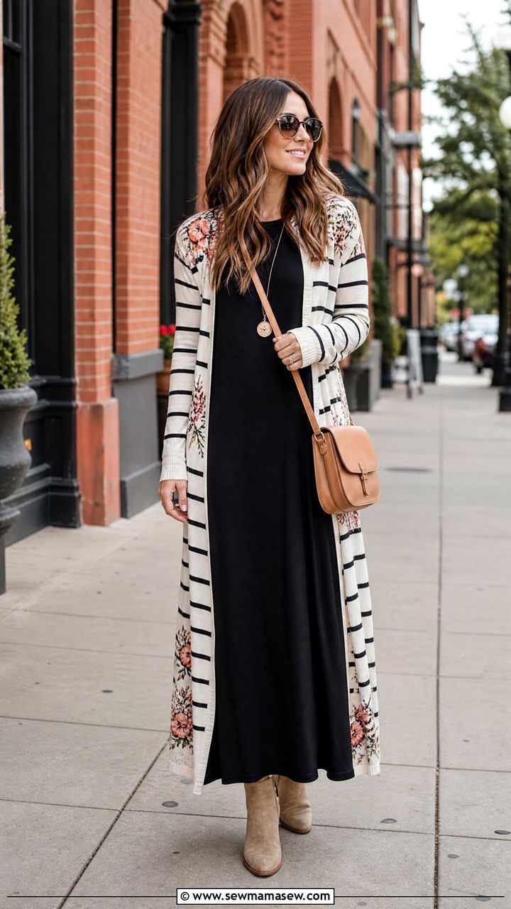 Solid color maxi dress with patterned cardigan - 30 Maxi dress outfit ideas with a cardigan