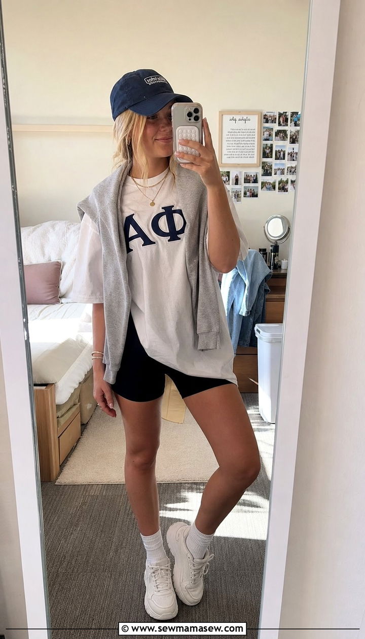 Sorority Letter Tee and Biker Shorts - 25 Sorority mixer outfit ideas casual