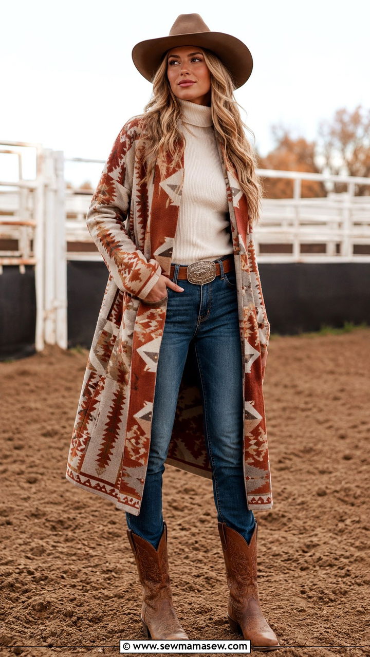 Southwestern Blanket Coat with Jeans and Boots - 25 Western outfit ideas for rodeo