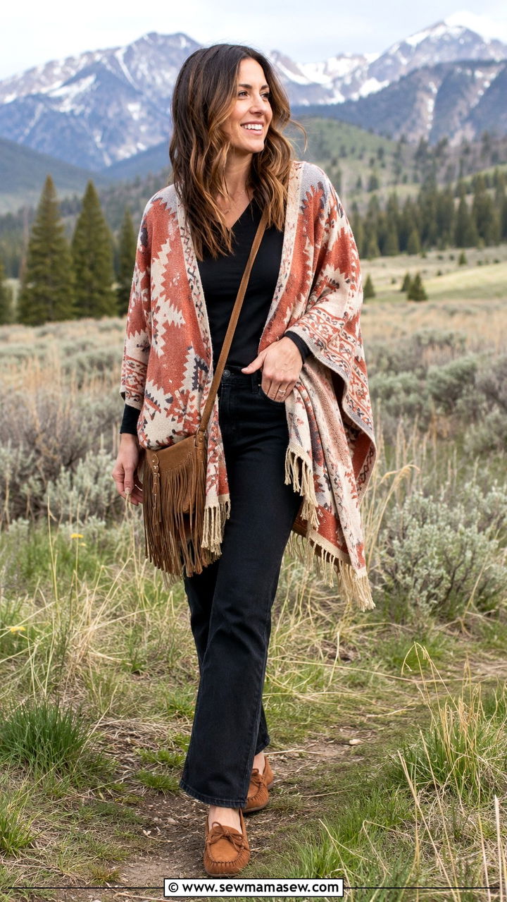 Southwestern Jacquard Poncho With Dark Jeans And Moccasins - 30 spring western outfit ideas