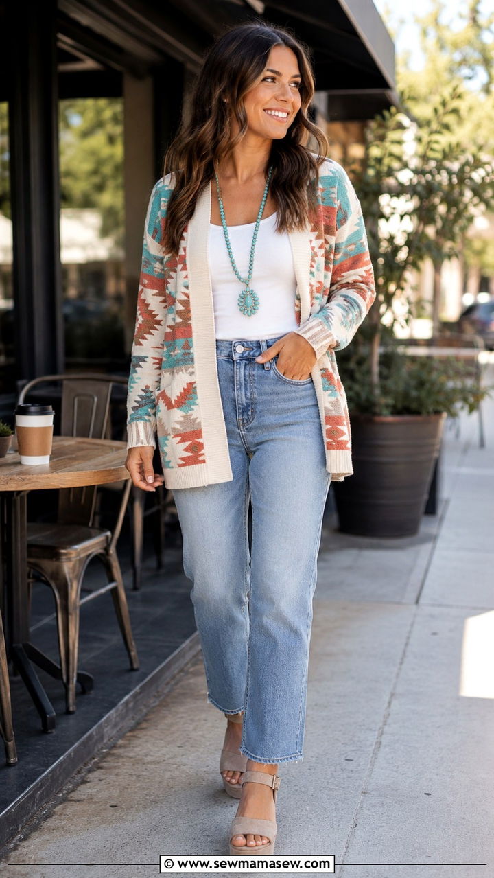 Southwestern Print Cardigan With Tank And Jeans - 30 spring western outfits
