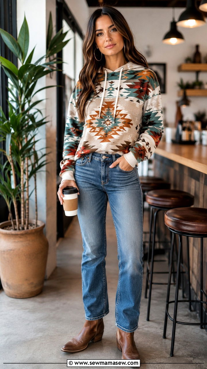 Southwestern Print Hoodie with Jeans and Leather Boots - 30 casual western outfits