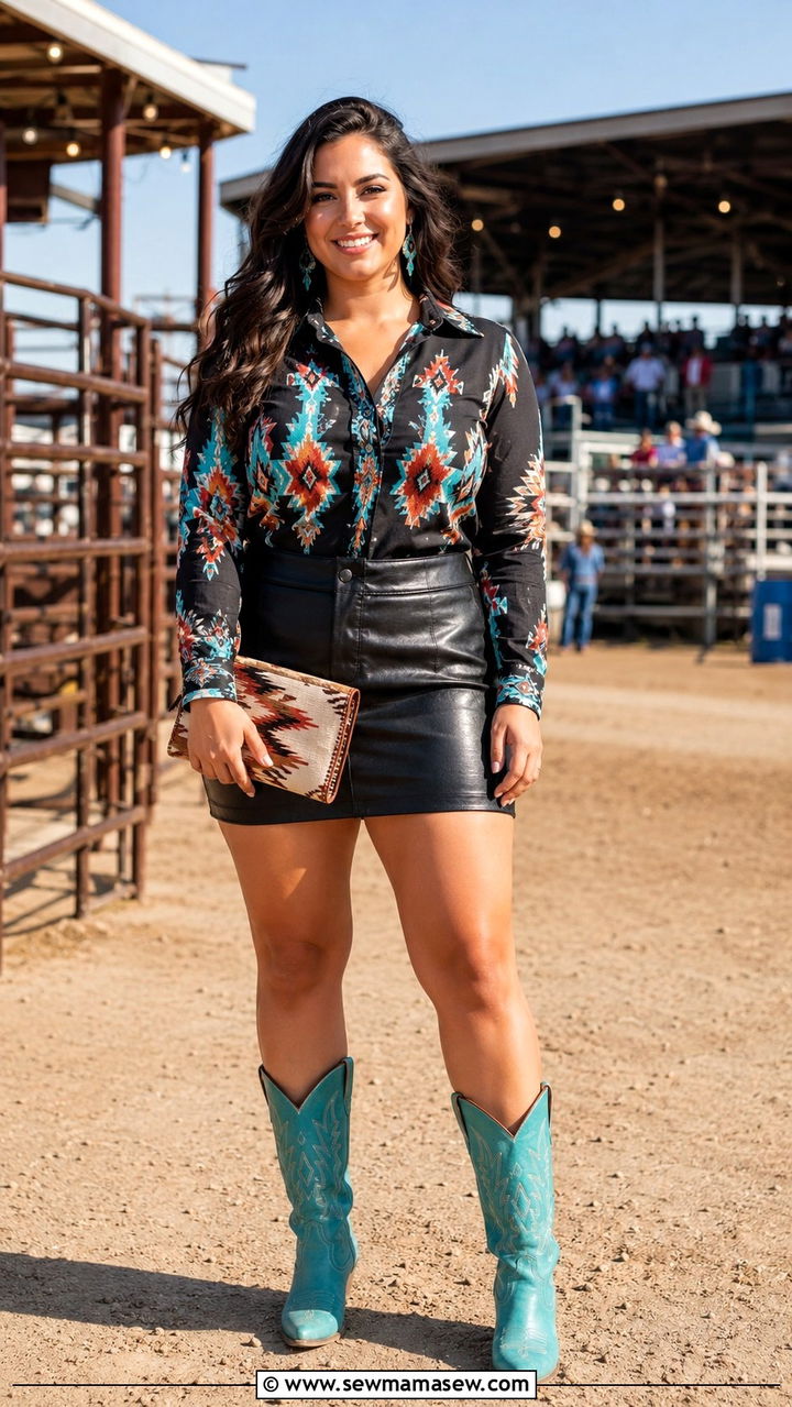 Southwestern blouse and leather skirt rodeo outfit - 30 Rodeo outfit ideas