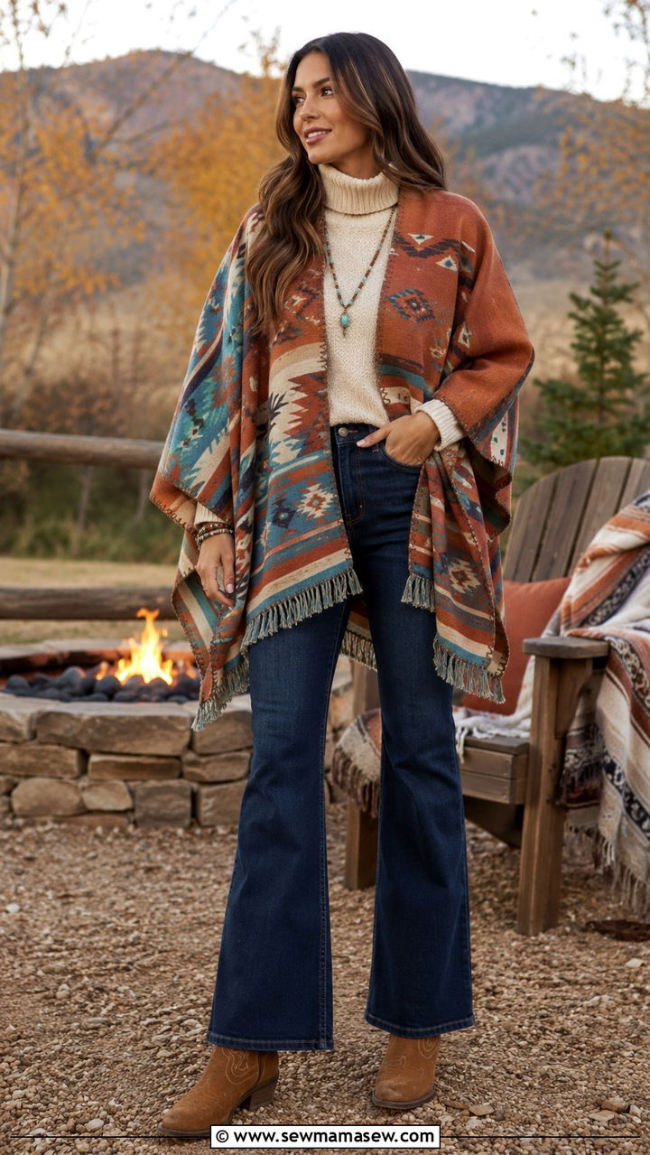 Southwestern poncho with flared jeans and cowboy boots - 25 Western outfit ideas with cowboy boots
