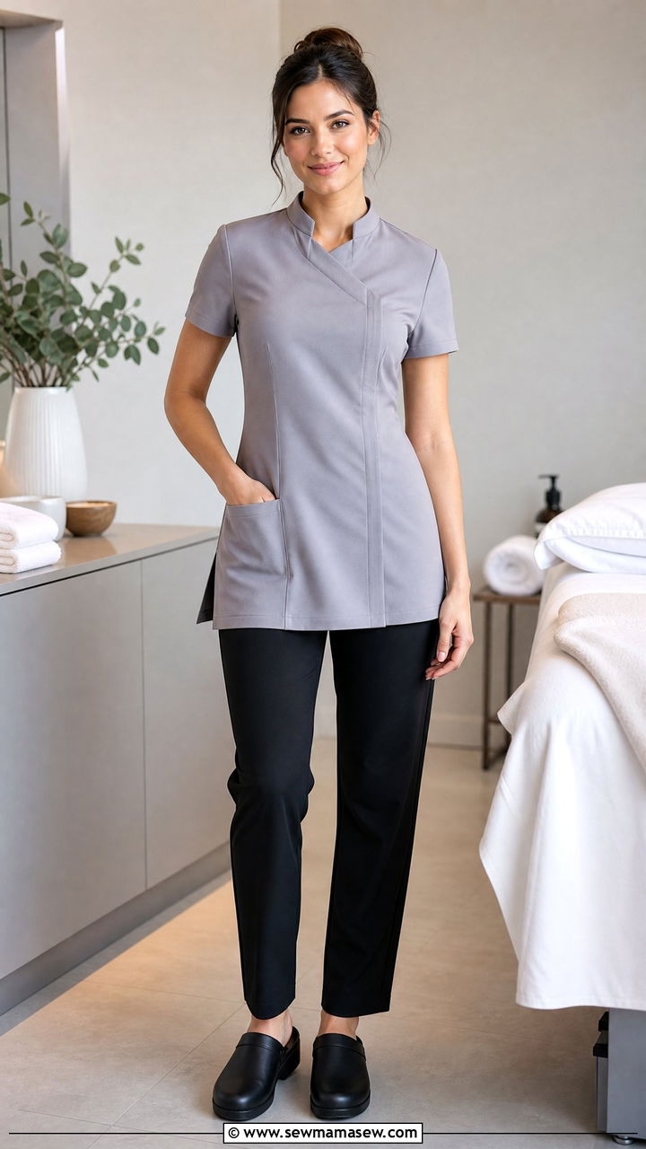 Spa tunic with tailored black trousers - 30 Esthetician outfit ideas