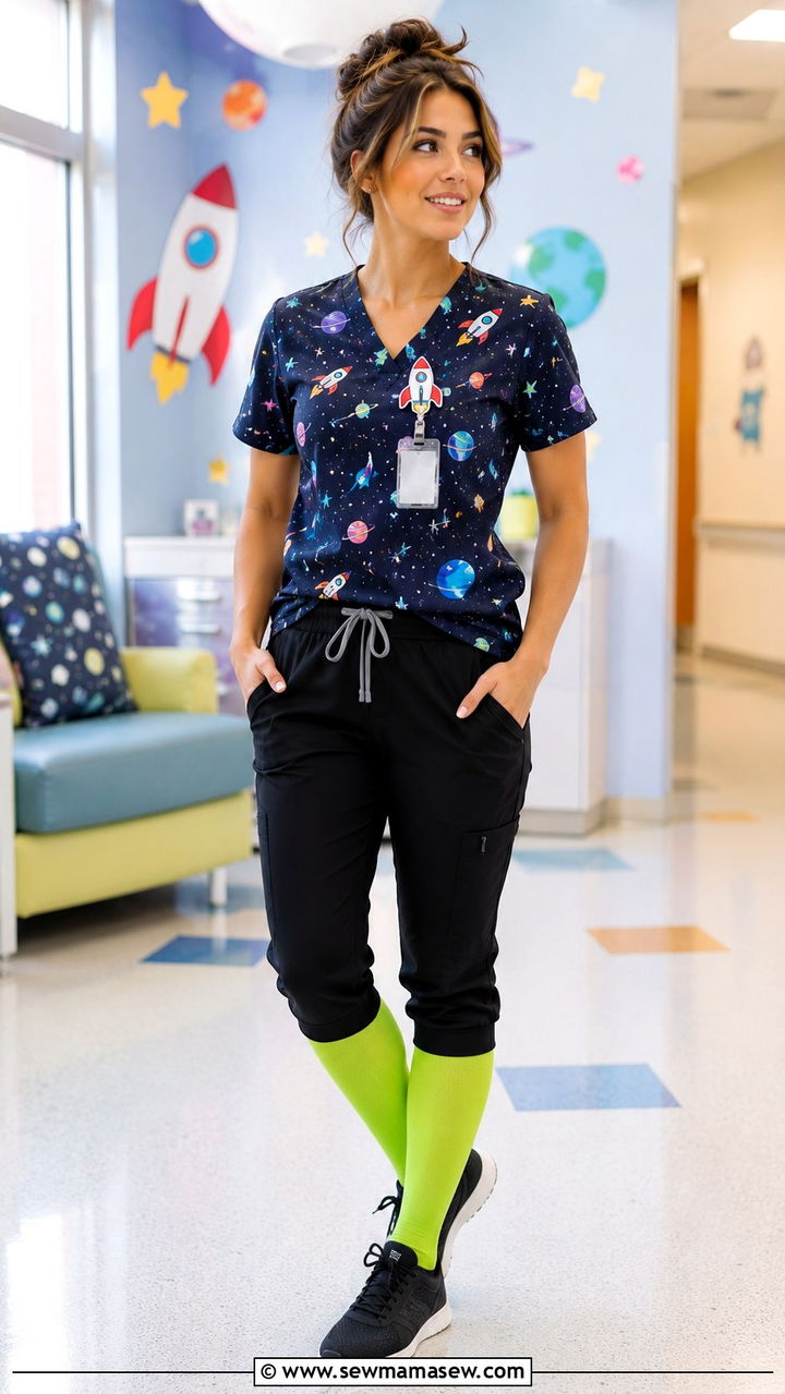 Space Themed Scrub Top With Black Joggers And Bright Compression Socks - 25 Pediatric nurse outfit ideas