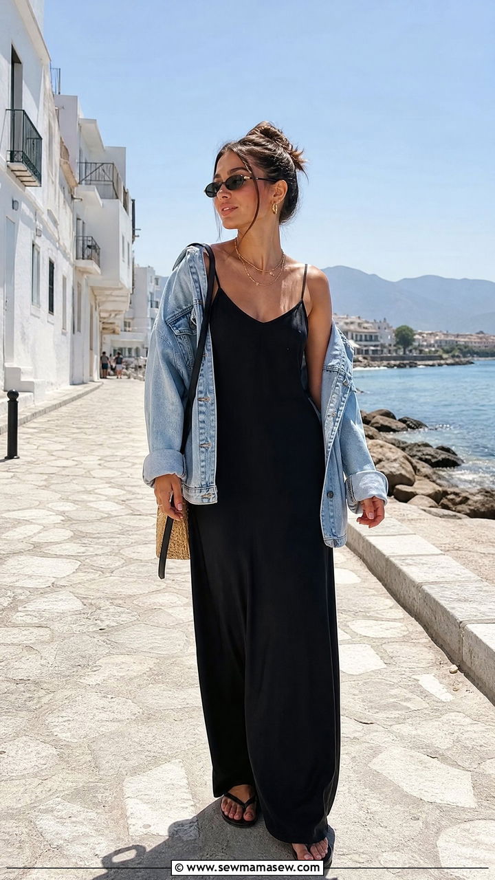 Spaghetti Strap Maxi Dress With Denim Jacket - 25 90s outfits 2026
