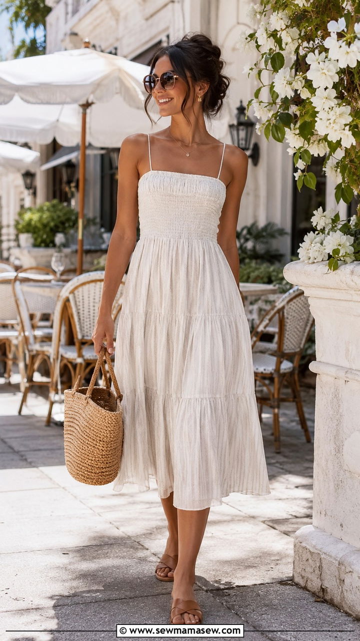 Spaghetti Strap Midi Dress With Straw Bag - 30 Midi dress for brunch outfit ideas