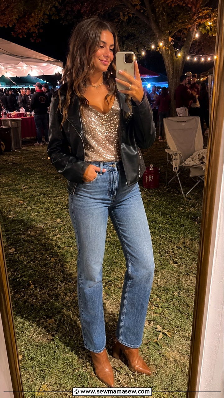 Sparkly Top and Straight Leg Jeans Outfit - 30 Tailgate outfit ideas for college