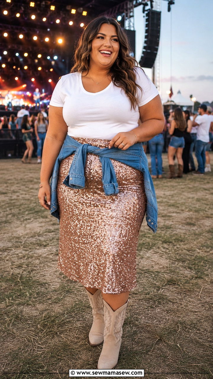 Sparkly skirt with simple fitted tee - 30 plus size country concert outfit ideas
