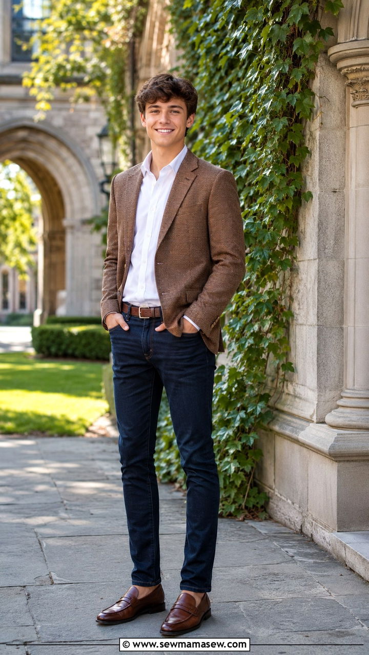 Sport Coat with White Shirt and Dark Jeans - 30 Senior photo outfit ideas for guys