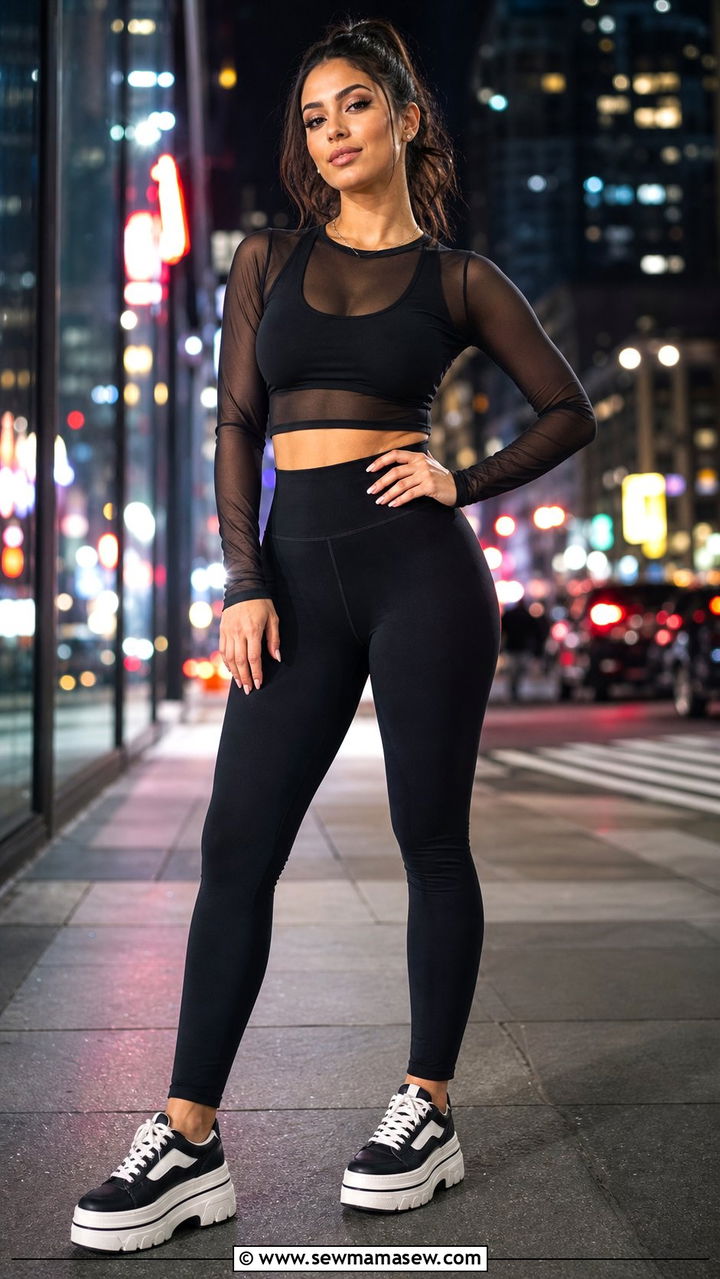 Sports Bra Layered Under Sheer Mesh Top With Leggings - 35 athleisure outfit ideas for women