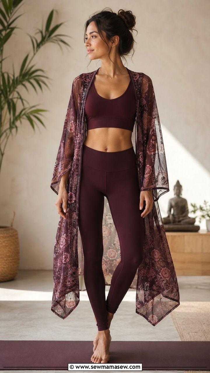 Sports Bra Leggings and Kimono Yoga Look - 25 Yoga outfit ideas for teachers