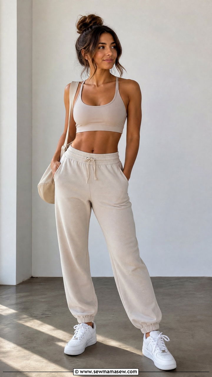 Sports Bra With Joggers and White Sneakers - 25 Gym outfit ideas with sports bra