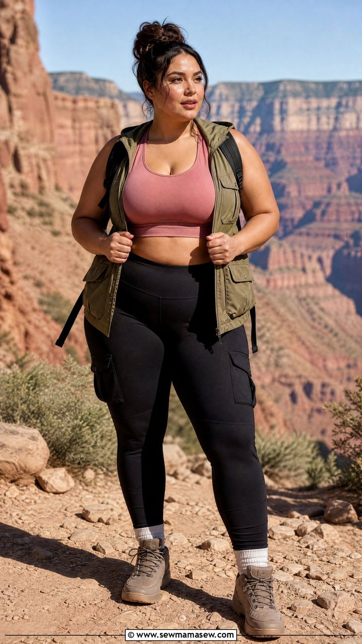 Sports Bra with Utility Vest and Cargo Leggings - 25 Hiking outfit ideas plus size