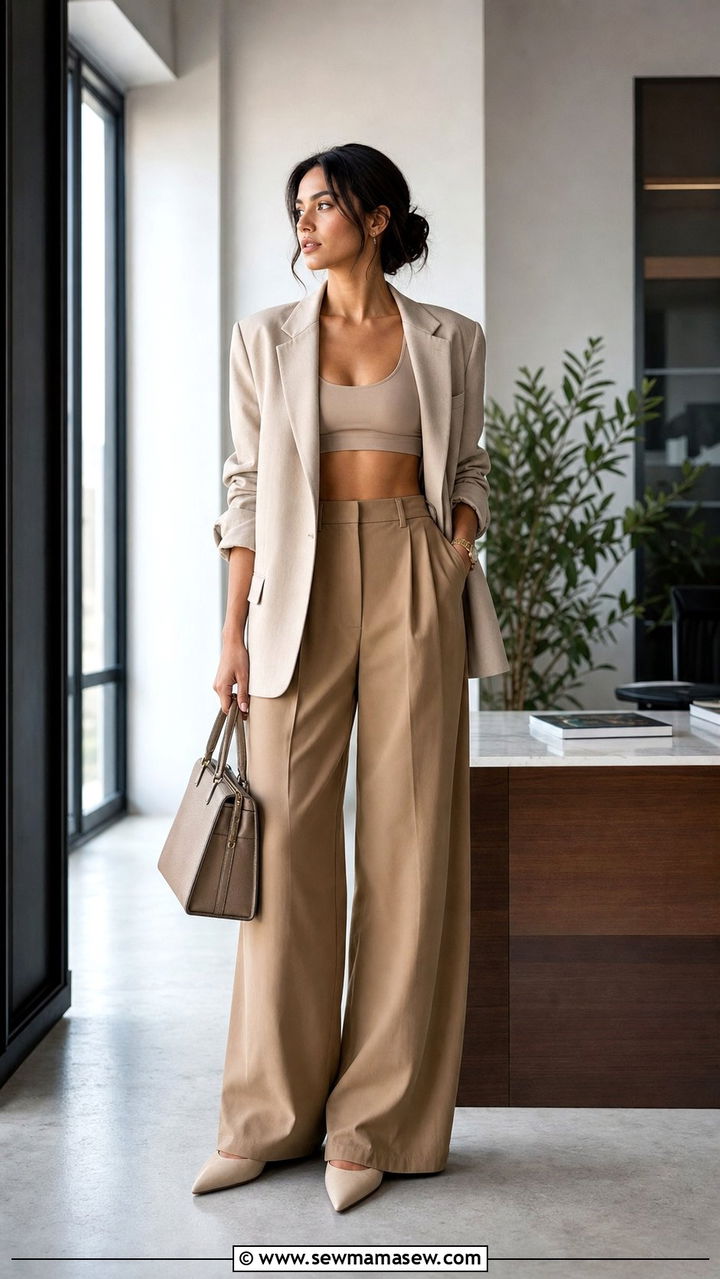 Sports Bra with an Oversized Blazer and Wide Leg Trousers - 35 Athleisure outfit ideas