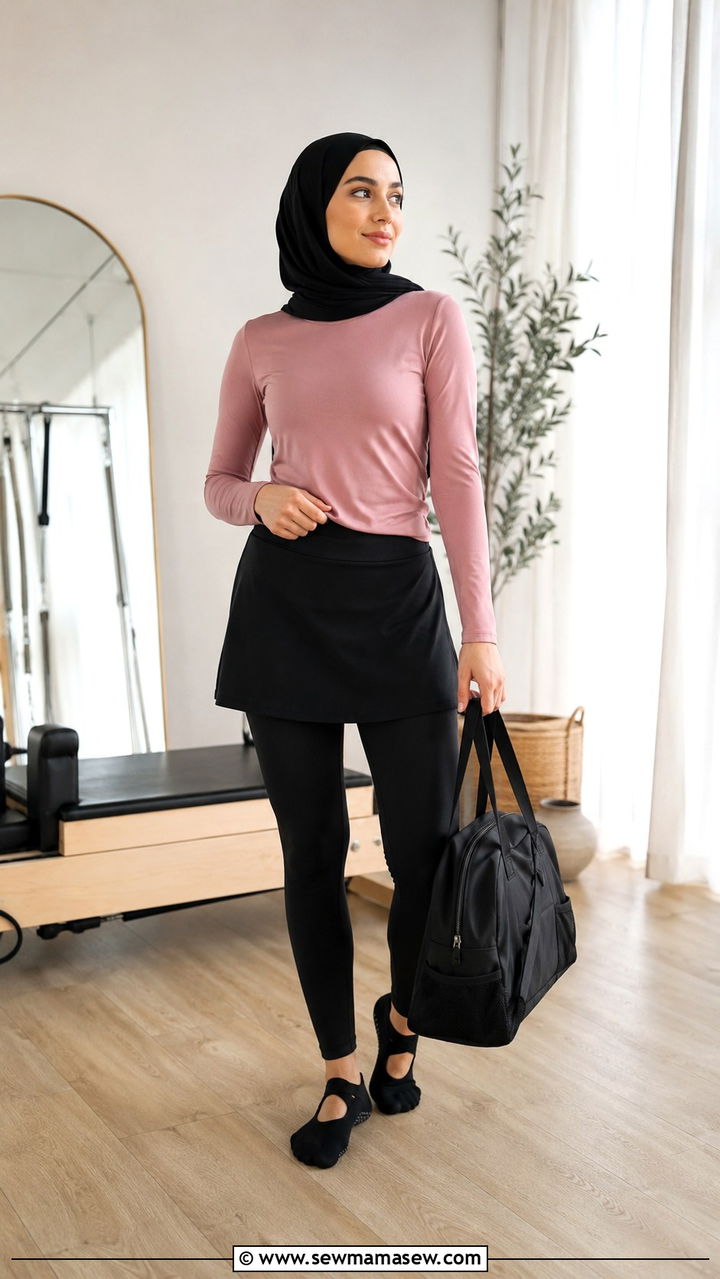 Sports Hijab Long Sleeve Top and Legging Skirt - 25 Modest pilates outfit ideas