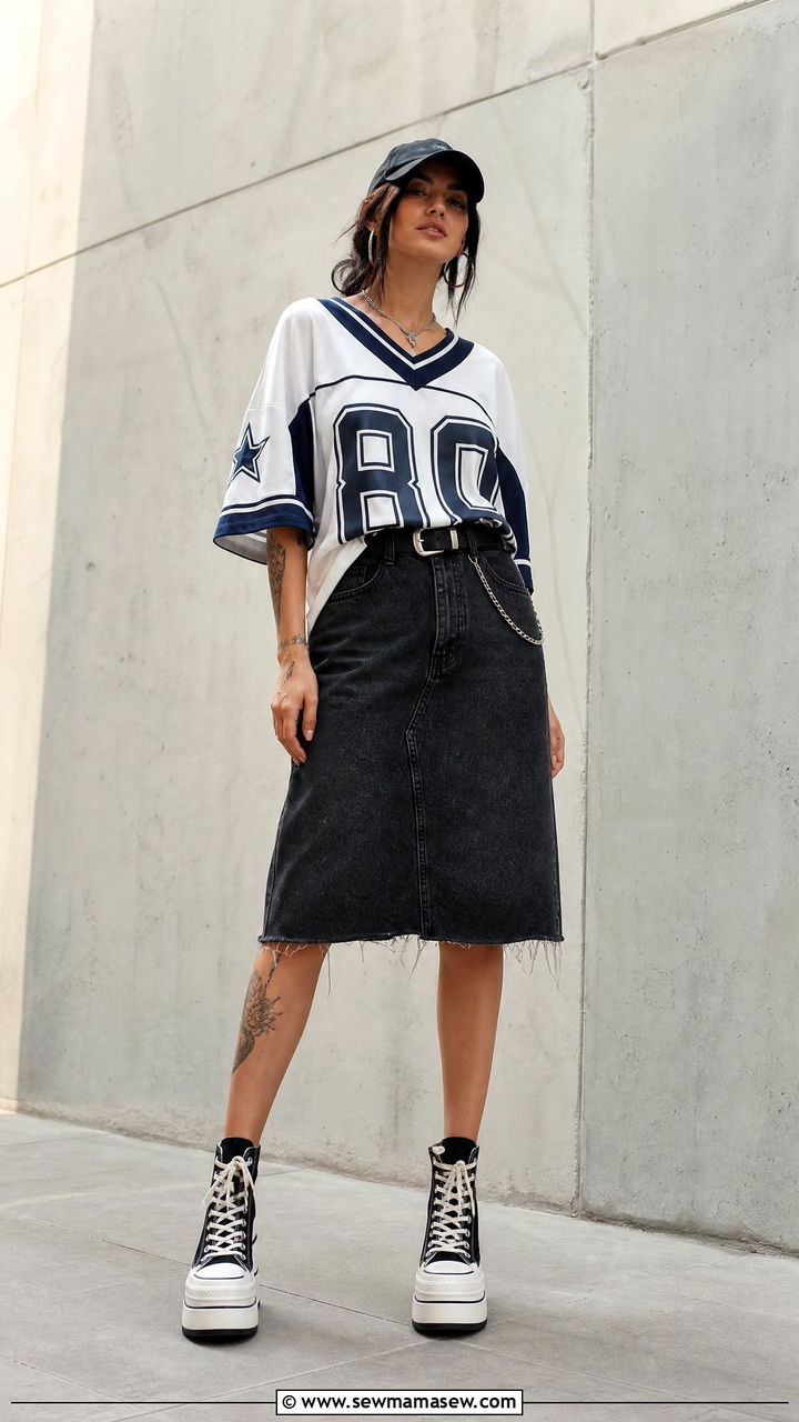 Sports Jersey With Mini Skirt And High Top Sneakers - 35 Billie Eilish concert outfit ideas