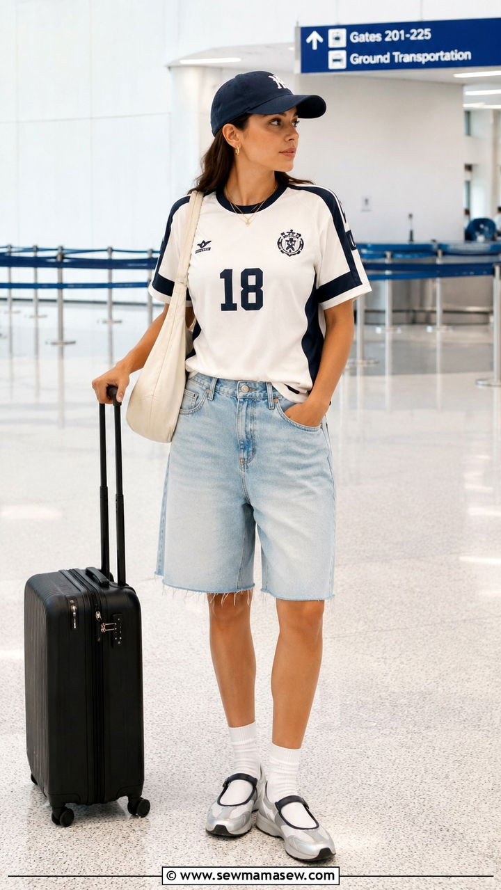 Sports T Shirt With Denim Bermuda Shorts - 25 Airport outfit ideas for economy